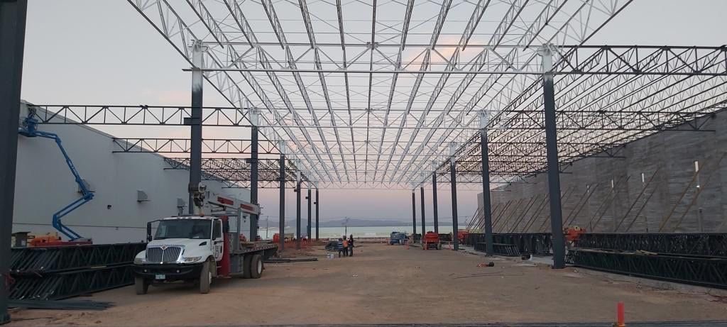 Multi-bay steel frame erected on site