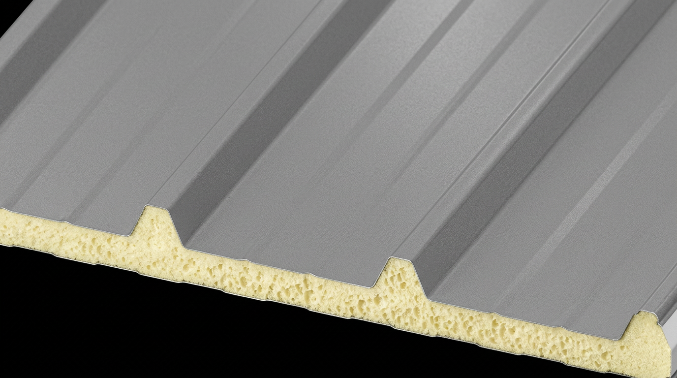 Cross-section of an insulated metal panel with polyisocyanurate foam core